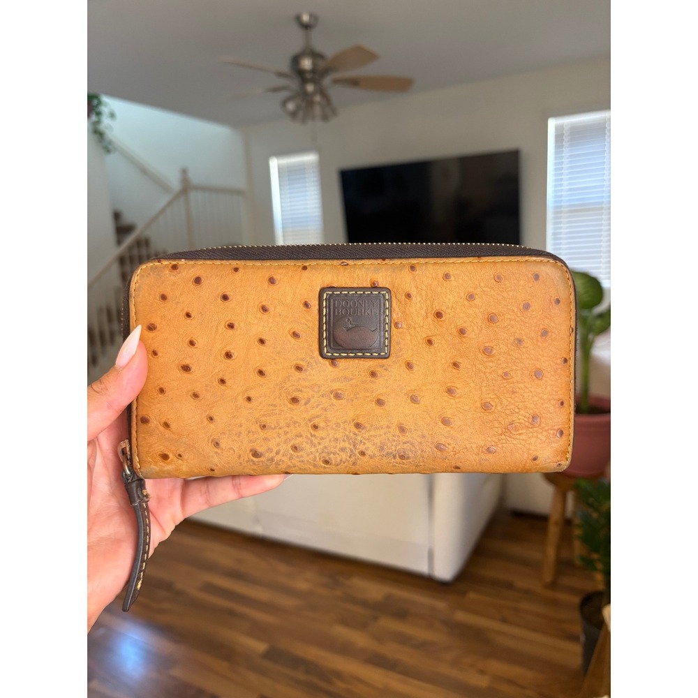 Dooney & Bourke Ostrich Embossed Leather Zip Around Clutch Wallet Tan Cognac